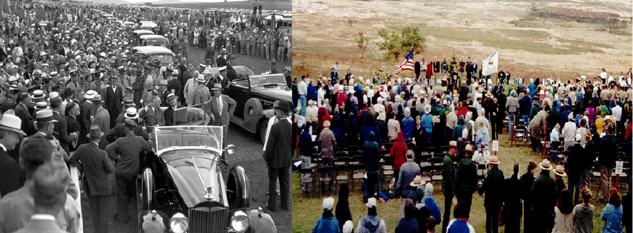 Civilian Conservation Corps veterans at a 1930s-era reunion alongside a present-day CCC Legacy reunion gathering